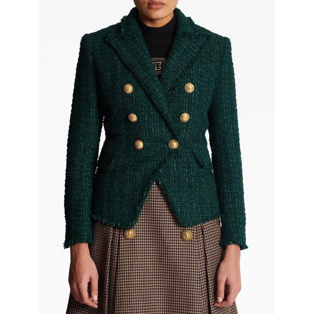 NWT Balmain Green Tweed Double-Breasted Blazer Jacket - Size FR 36/US 4